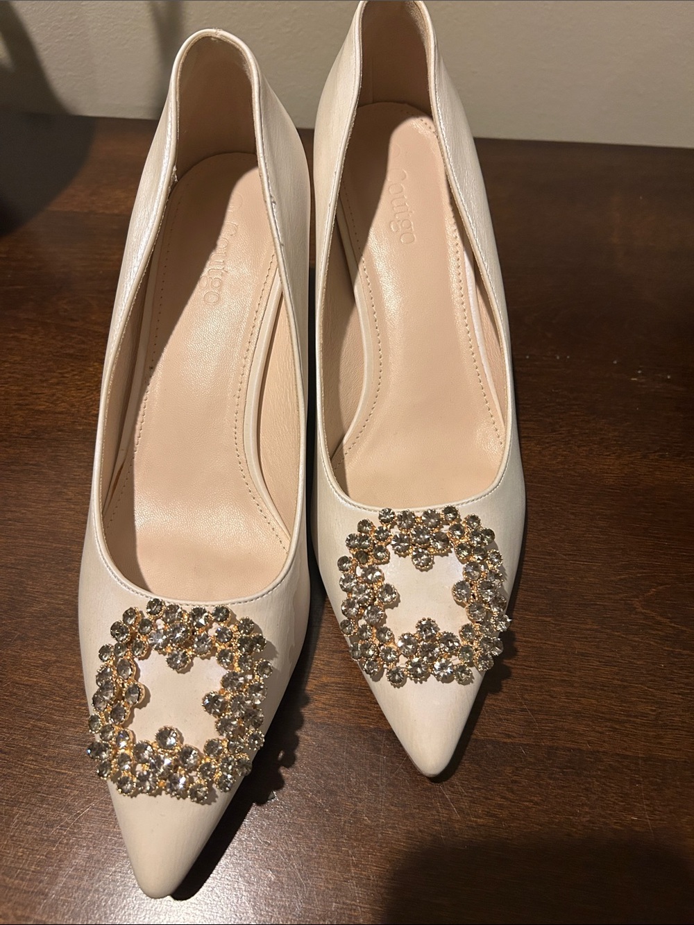 Crystal-Embellished Pointed Toe Pumps in Cream